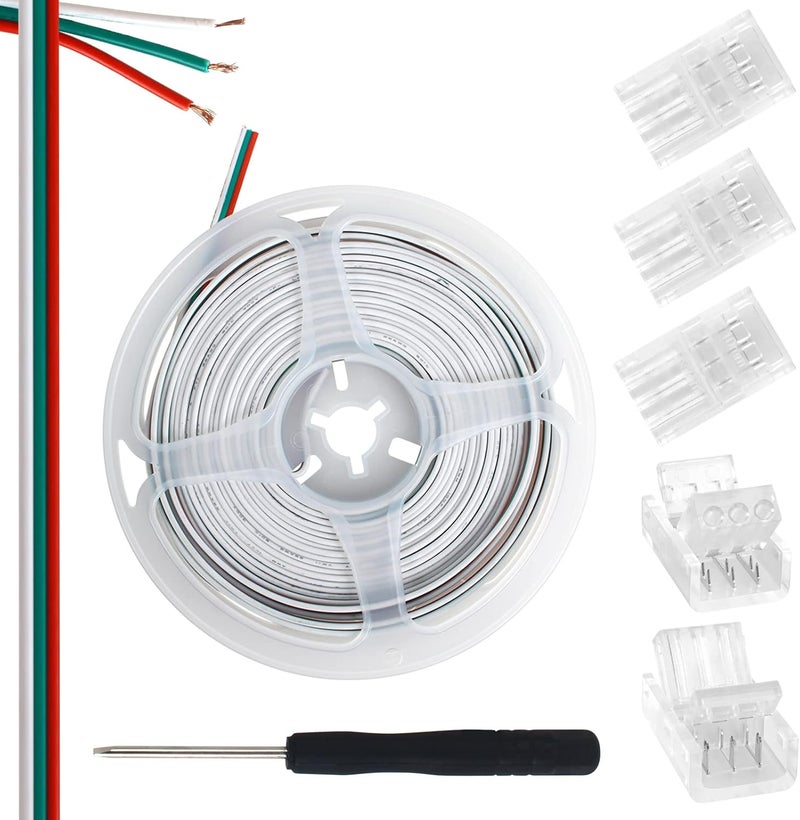 RGBZONE 3 Pin LED Strip Connector Kit, 5pcs 10mm Strip to Wire Connectors and 5m/16.4ft Extension Cable for LED Strip WS2811/WS2812B - Image 1